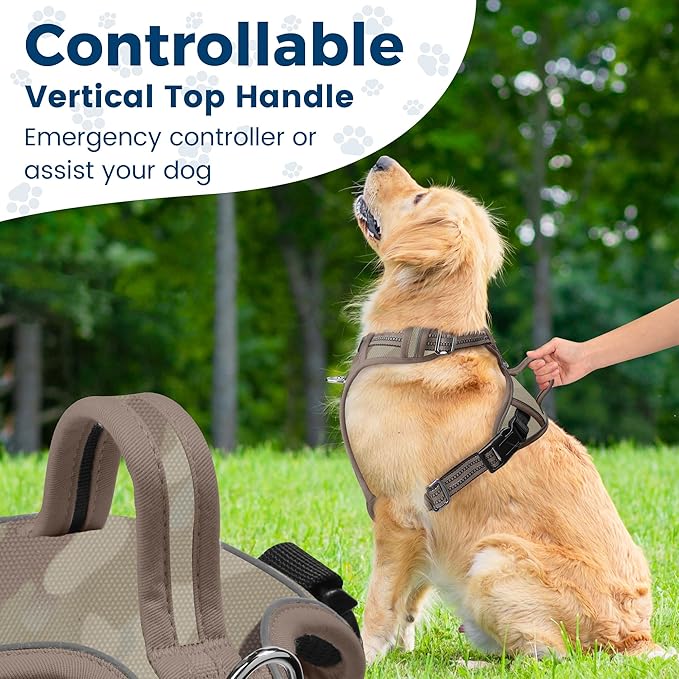 Funfox Dog Harness No Pull, Adjustable Pet Vest Harness, Super Soft Material with Vertical Handle Easy Control, Reflective Night Walking, 2 Leash Clips for Medium Sized Dogs, Camo Brown, M-PurrikoPets