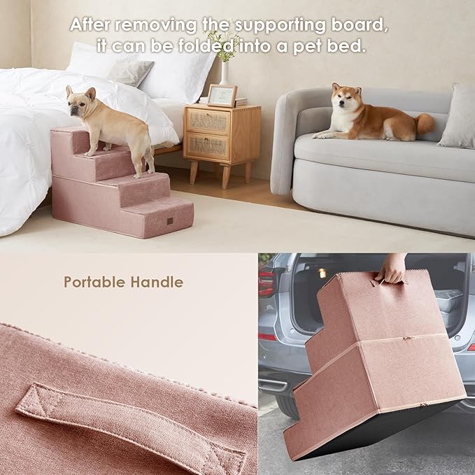 EHEYCIGA Dog Stairs for Bed 20" H, 4-Step Extra Wide Dog Steps for High Bed, Pet Steps for Small Dogs and Cats, Non-Slip Balanced Pet Ramp Indoor, Pink-PurrikoPets