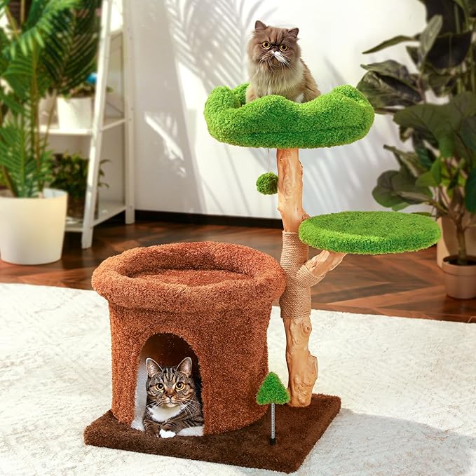 32-Inch Multi-Level Cat Tree Tower, Natural Wooden Cat Furniture with Sisal Scratching Posts, Beds & Condo, Cute Cat Tree for Indoor Cats, Multi-Cat Householdsolds-PurrikoPets