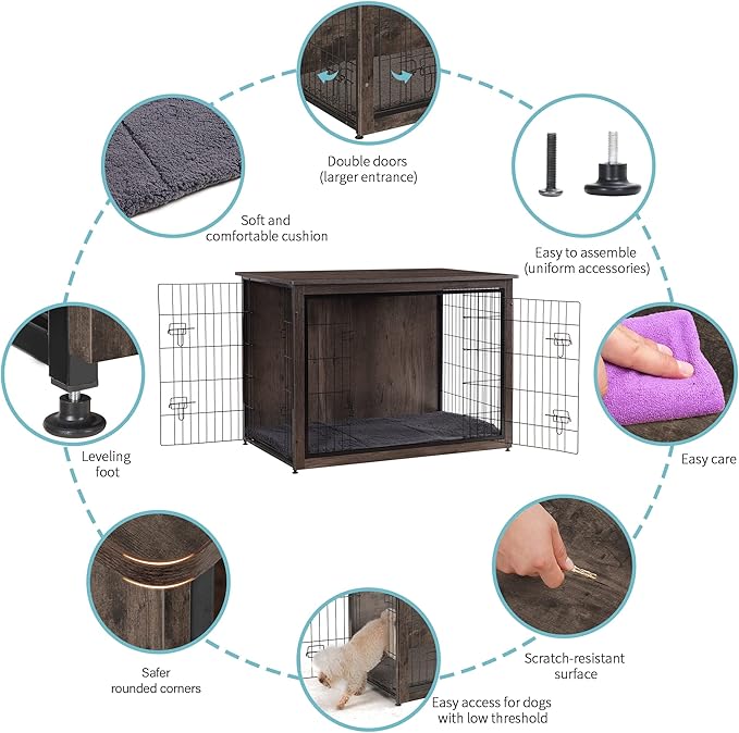 DWANTON Dog Crate Furniture with Cushion, Wooden Kennel Table with Double Doors, Indoor Dog House, Extra Large Size, 43.3" L, Dark Gray-PurrikoPets