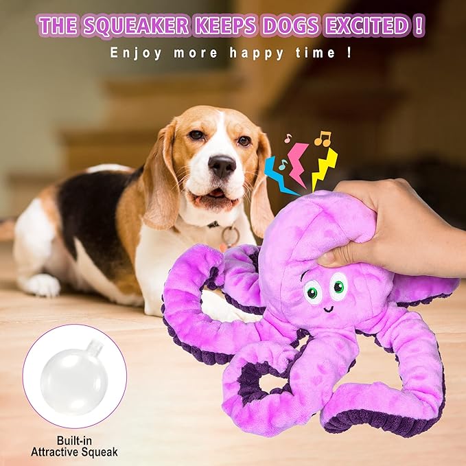 Dog Squeaky Toys Octopus - Tough Plush Large Medium & Small Dog Toys - Stuffed Animals Puppy Toys - Funny Cute Dog Toy for Dog Birthday Presents (Octopus Purple)-PurrikoPets