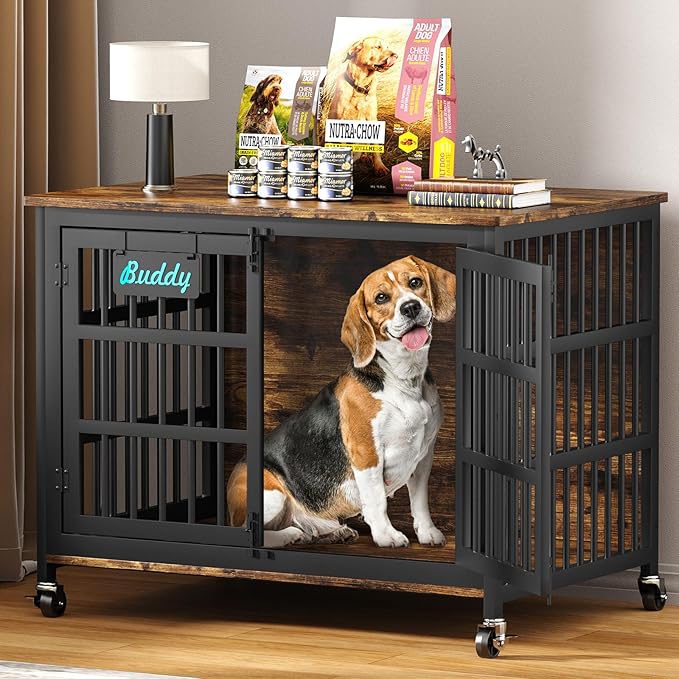 EasyCom 41"/33"/27" Dog Crate Furniture with Name Tag, Heavy Duty Dog Kennel Indoor for Medium Dogs, Double-Doors Sturdy Metal Dog Cage for Anxiety Dog, Decorate House as TV Stand, End Table-PurrikoPets