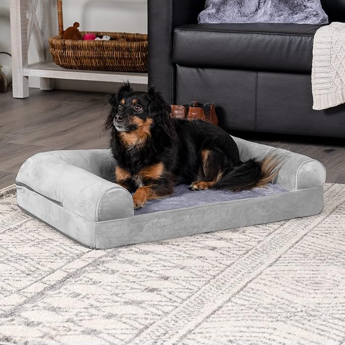Furhaven Orthopedic Dog Bed for Medium/Small Dogs w/ Removable Bolsters & Washable Cover, For Dogs Up to 35 lbs - Faux Fur & Velvet Sofa - Smoke Gray, Medium-PurrikoPets