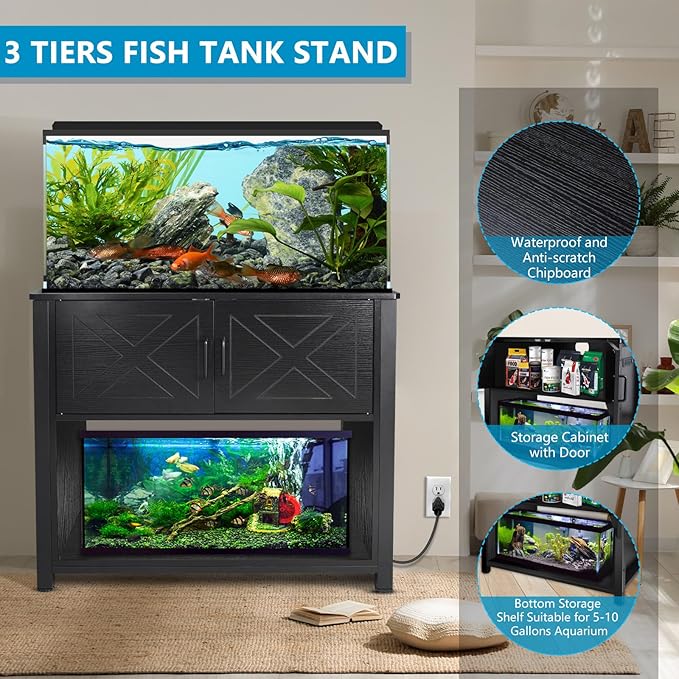 40 Gallon Tank Stand with Cabinet and Power Outlets, Heavy Duty Metal Aquarium Stand for 40-50 Gallon Breeder Tank, Turtle Tank, Double Terrarium Stand, 660LBS Capacity, Black-PurrikoPets
