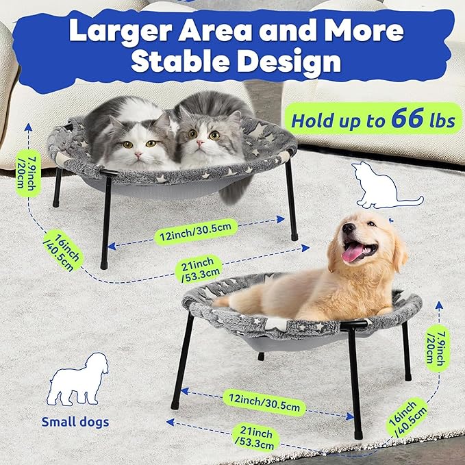 Elevated Cat Bed, Glow-in-The-Dark Fabric Cat Hammock Bed for Large Indoor Cats, Machine Washable & Breathable Cover, Tool Free Easy Assembly, up to 66Lbs (Gray, L)-PurrikoPets