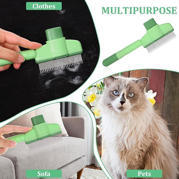 Flea Comb for Cats Dogs Brush for Shedding with Release Button Fine Tooth Pet Hair Removal Comb with Long & Short Stainless Steel Teeth for Deshedding Self-Cleaning Brush for Cat Dog Small Pets-PurrikoPets