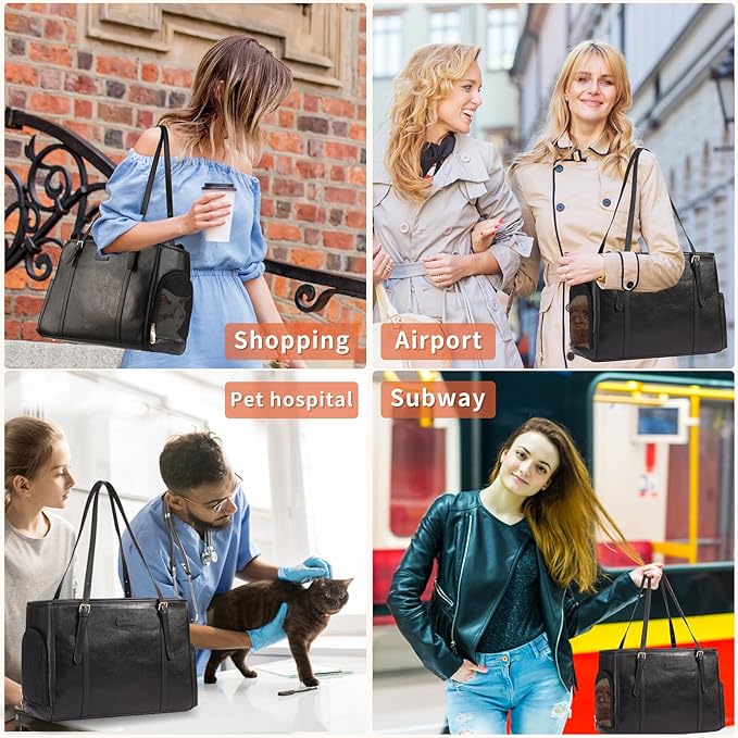 Fashion Dog Purse Pet Carrier Leather Bag for Small Dogs Cats Puppy, Portable Tote Bag Airline Approved Soft-Sided Carriers (Black)-PurrikoPets