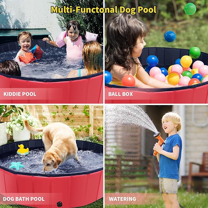 Foldable Dog Pool, 55" x 12" Kiddie Pool with Hard Plastic, Non-Slip Dog Bath Tub for Outdoor Backyard, Collapsible Dog Swimming Pool for Kids Dogs Pets (Red)-PurrikoPets
