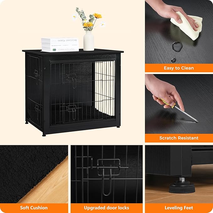 DWANTON Dog Crate Furniture with Cushion, Wooden Kennel Table with Double Doors, Indoor Dog House, Small/Medium/Large Size, 27.2" L, Black-PurrikoPets