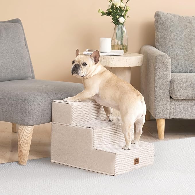EHEYCIGA Dog Stairs for Small Dogs 13.5" H, 3-Step Dog Steps for Couch Sofa and Chair, Pet Steps for Medium Cats, Non-Slip Balanced Pet Ramp Indoor, Beige-PurrikoPets