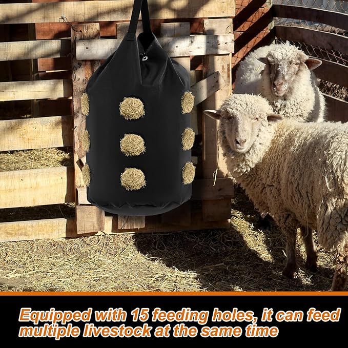 2 Pcs hay Bags for Horses Goats Slow Feed 1680D Oxford Bag Black Large Capacity Net Open Feed Hole Hay Holder for Horse Goats Sheep(15 Holes)-PurrikoPets