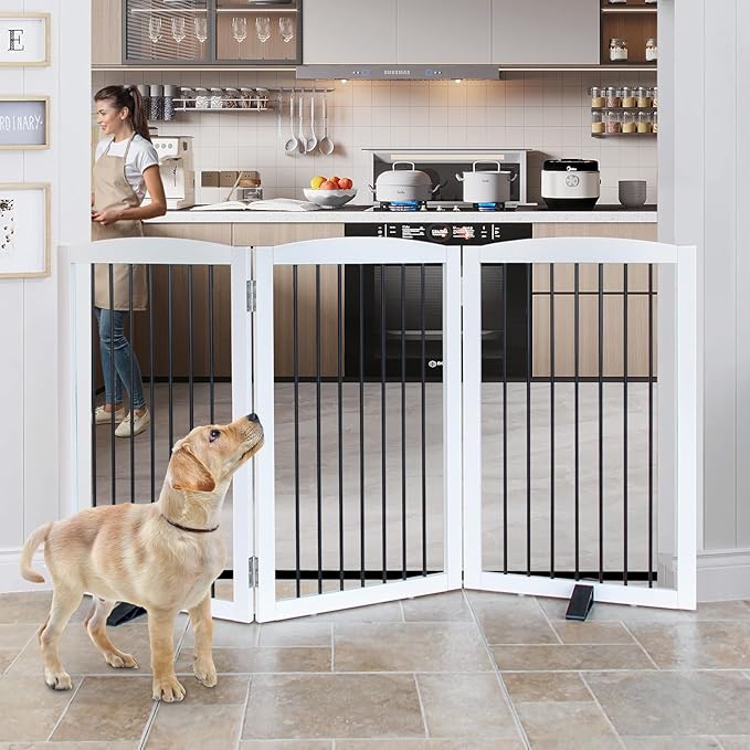 Foldable Wooden Freestanding Dog Gate - 32" H, 3 Panels, Stairs/Doorways, Support Feet Included, White-PurrikoPets