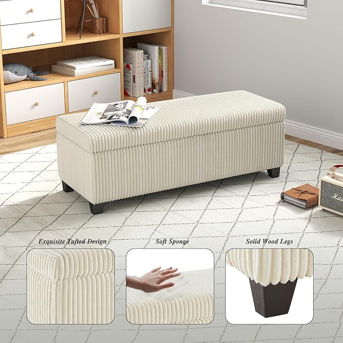 48" Ottoman with Storage, Corduroy Storage Ottoman Bench for Bedroom, End of Bed Bench with Safety Hinge for Living Room, Bedroom, Entryway, White-PurrikoPets