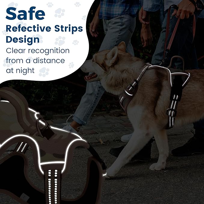 Funfox Dog Harness No Pull, Adjustable Pet Vest Harness, Super Soft Material with Vertical Handle Easy Control, Reflective Night Walking, 2 Leash Clips for XLarge Dogs, Camo Brown, XL-PurrikoPets