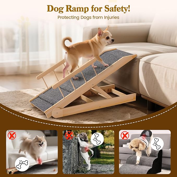 Dog Ramp for Bed, 47" Long Non-Slip Portable Pet Ramp for Small Large Dogs, Wooden Adjustable Dog Ramps for Bed, Couch, Car -Non Slip Carpet Surface and Foot Pads, Height from 12" to 24", Up to 200LBS-PurrikoPets