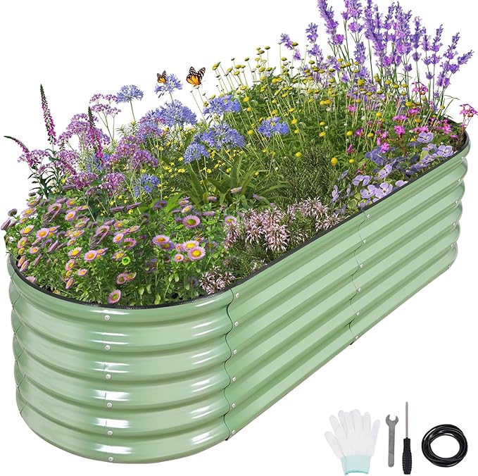 Galvanized Raised Garden Bed Outdoor- Raised Beds for Gardening| Metal Planter Box, Steel Raised Garden Bed Kit with Safety Edging and Gloves for Vegetables, Flower, Herbs (6x2x1.4FT, Green)-PurrikoPets