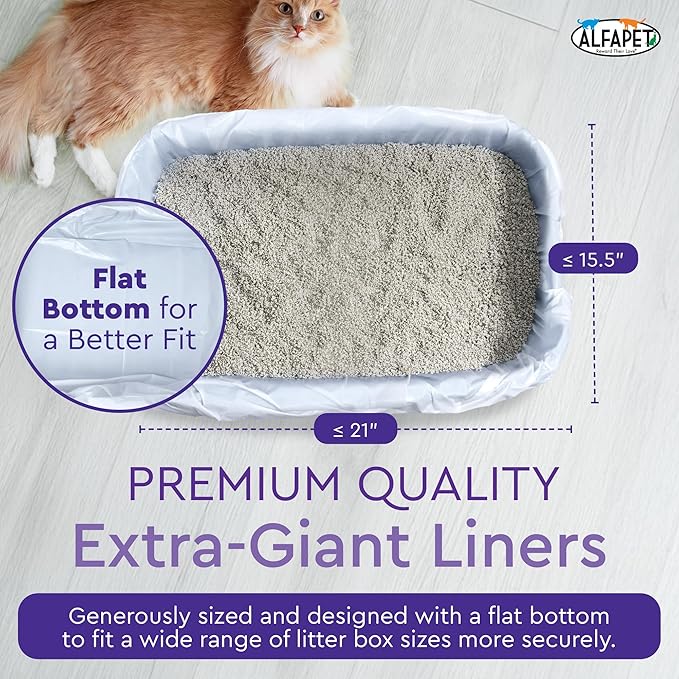 Alfapet Heavy Duty Flat Bottom Cat Litter Box Liners - Extra Giant 15 Count - Tear-Resistant Cat Litter Bags - Kitty Litter Liners for Rectangular Litterbox Pans, 36” x 18” x 2MIL Thick 30 lb Capacity-PurrikoPets
