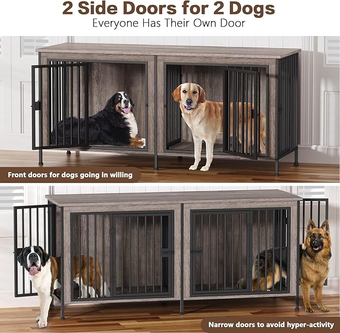 EasyCom 78 Inch Dog Cage Furniture for 2 Pets with Divider, XXL Wooden Double Dog Crate Furniture TV Stand for Mideum and Large Breed, Durable and Sturdy-PurrikoPets