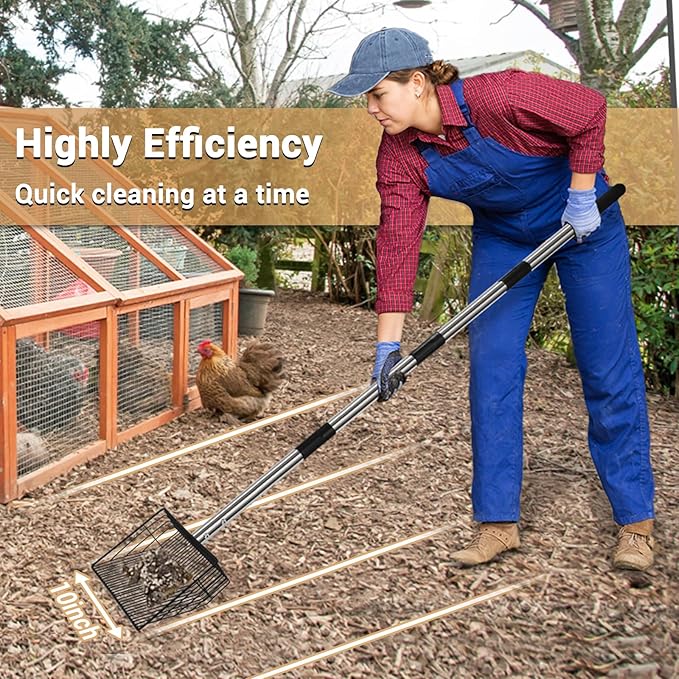 10inch Large Metal Chicken Poop Scooper, 24 to 68" Long Chicken Coop Litter Scoop with Stainless Steel Handle, 4 in 1 Multifunctional Heavy Duty Litter Sifting Shovel Chicken Coop Accessories-PurrikoPets