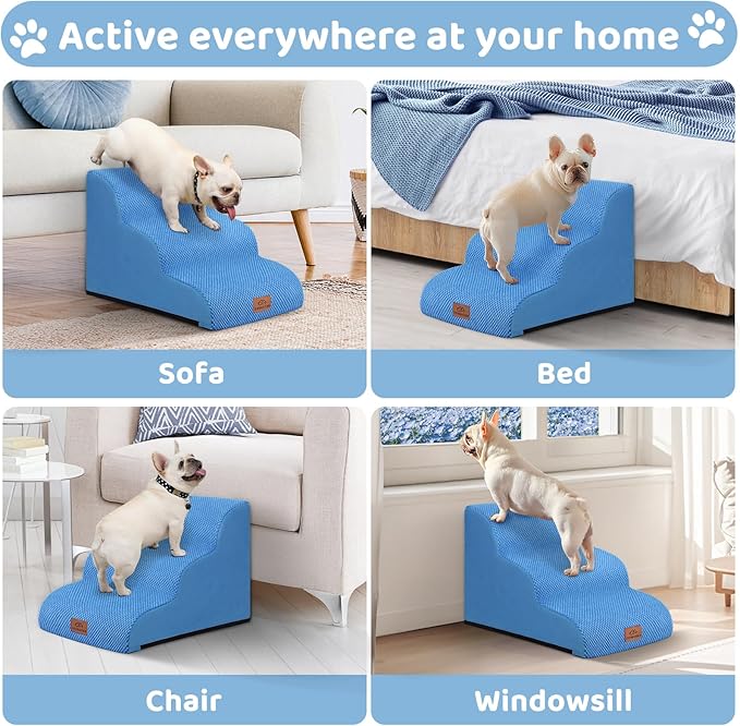 Dog Ramp and Stair for Bed 16" H-20 H,3-Step Cat Stair for Sofa and Chair,4-Step Dog Ramp for High Bed and Window,Durable Nonslip Fabric Cover for Indoor (Blue-16“H, Pet Friendly, 3)-PurrikoPets