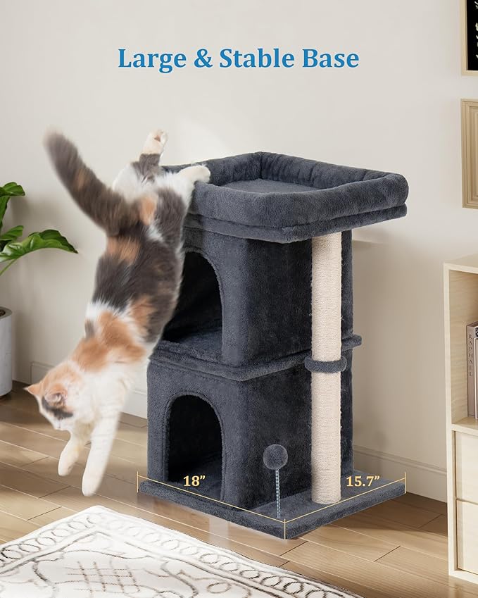 24in Cat Tree Tower with Scratching Post, 19 * 16.5in Window Perch for Large Cats, 2 Cat Condo Cubbies for Indoor Kittens, Dark Gray-PurrikoPets