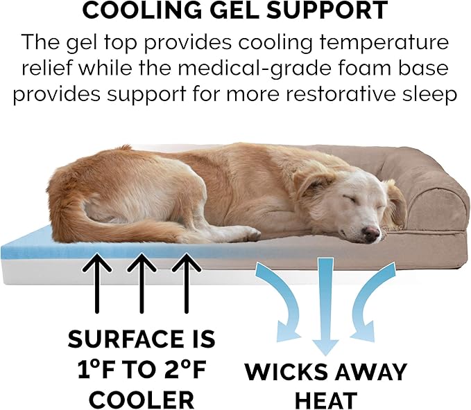 Furhaven Cooling Gel Dog Bed for Large Dogs w/ Removable Bolsters & Washable Cover, For Dogs Up to 125 lbs - Plush & Suede Sofa - Almondine, Jumbo Plus/XXL-PurrikoPets