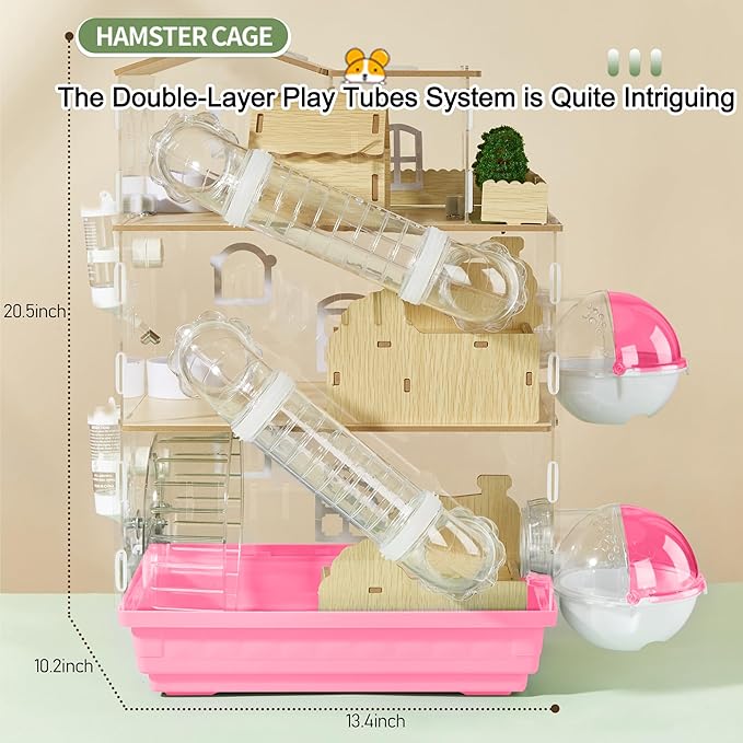 17 in 1 Clear Acrylic Hamster Cage with All Accessories,13.5''L* 10''W* 21''H Dwarf Hamster Cage,Magnetic Connection Small Hamster Enclosure,Garden Style Wooden Mouse Cage for Pet Mice(3-Layer,Pink)-PurrikoPets