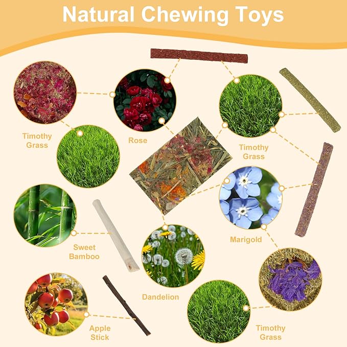 65PCS Rabbit Bunny Guinea Pig Chew Toys Treats, Chinchilla Hamster Chews Toys for Teeth, Timothy Hay Chips Treats Sticks for Rabbit Guinea Pig Chinchilla Hamster Rat-PurrikoPets