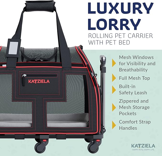 Airline Compliant Pet Carrier - Rolling Portable Travel Carry Crate for Small Dog Puppy or Cat - Soft Removable Wheeled Design with Mesh Window Sides - Airplane and TSA Compliant- by Katziela-PurrikoPets