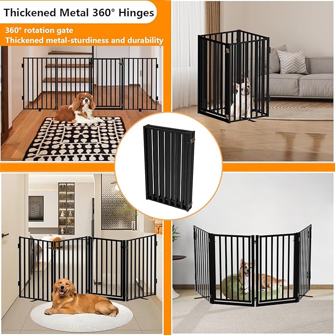 Free Standing Dog Gate with Door for Indoor Outdoor, Portable Dog Fence Foldable Design, Metal Black 32" Tall, Expandable 4 Panels Use for Front Door, Yard, Stairs-PurrikoPets