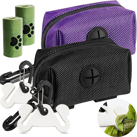 2Packs Dog Waste Bag Dispenser Pet Poop Bags Holder for Doggie Waste Bags Dispensers Soft Fabric Zipper Small Doggy Puppy Pouch for Leash Accessory Attachment with Carrier (Black & Purple)-PurrikoPets