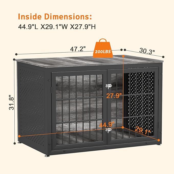 48" Heavy Duty Dog Crate Furniture for Extra Large Dogs, Metal Cage for High Anxiety Dogs, Wooden Kennel Furniture Indoor, Decorative Dog Kennel End Table, XL-PurrikoPets