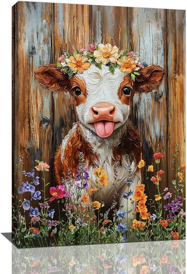 Funny Cow Bathroom Pictures Wall Art, Rustic Brown Cute Cow Bathroom Wall Decor, Farmhouse Floral Framed Painting Animal Flower Canvas Artwork for Bedroom Living Room Decorations 24"L x 16"W-PurrikoPets
