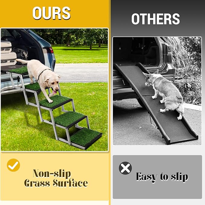 Dog Stairs for Car, Portable Folding Dog Ramps,Dog Steps for Large Dogs with Non-Slip Grass Rug for Cars, SUV, Trucks, Lightweight Pet Ramp Supports Up to 200 lb, 5 Steps-PurrikoPets