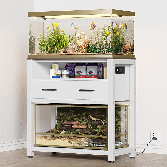 20-29 Gallon Fish Tank Stand with Power Outlet & 2 Storage Drawers, Heavy Duty Metal Frame Aquarium Stand with Waterproof Mat, 30.7" L*15.7" W Tabletop, 550LBS Capacity, White+Brown-PurrikoPets