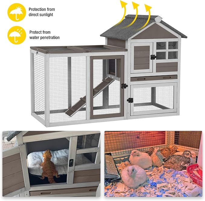 Aivituvin Large Rabbit Hutch Indoor Bunny Cage Outdoor with Run Chicken Coop Guinea Pig House with Waterproof Asphalt Roof,No Leakage Pull Out Tray (103.2" L x 25.2" W x 36.2" H,Brown-2 Sets)-PurrikoPets