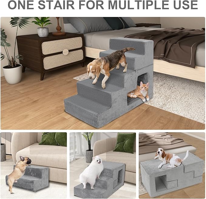 Dog Stairs for Small Dogs 23” H, 5-Step Dog Steps for High Bed, High-Density Foam Pet Stairs with Non-Slip Removable Washable Cover to Get on Bed-PurrikoPets
