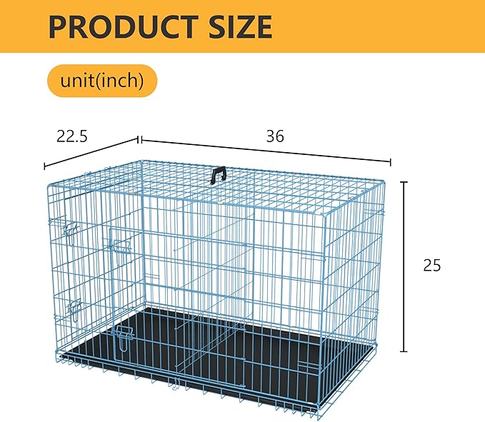 FDW Dog Crate for Medium Dogs 36 Inch Folding Metal WirePet Cage Double Door W/Divider Panel Indoor Outdoor Kennel Leak-Proof Plastic Tray,Blue-PurrikoPets
