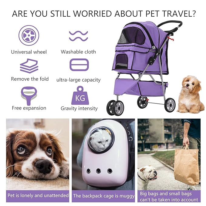 Dog Stroller,3 Wheels Travel Folding Pet Strollers for Small Medium Dog Cat Jogger Stroller with Storage Basket Removable Liner Purple-PurrikoPets