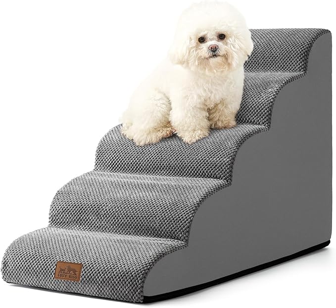 Dog Stairs for Small Dog 22.6" H, Curved Pet Step for Puppy, Older Cat, Medium Pet Ramp for High Bed, Ladder with High Density Foam, Durable, 5 Step, 15.7x33x22.6 inch, Grey-PurrikoPets