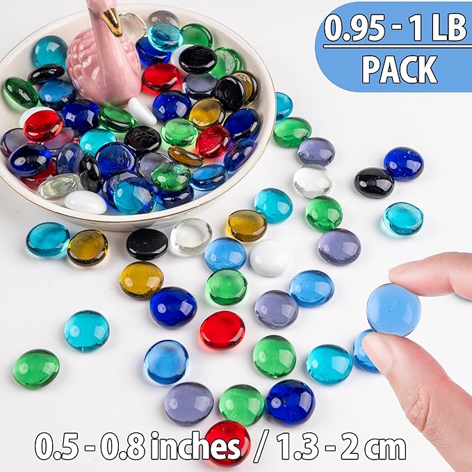 1LB Mix Glass Marbles, Transparent and Smooth Flat Glass Beads for Vases, Mosaic Gem Pebbles for Aquarium Decor, Floral Arrangements, Mancala Stones, Vase Filler and Crafts(Approx. 80-100 PCS)-PurrikoPets