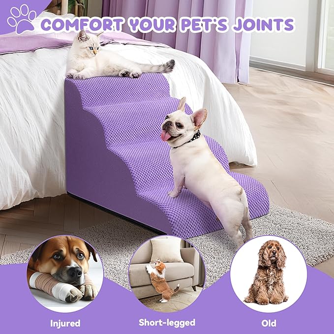 Dog Ramp and Stair for Bed 16" H-20 H,3-Step Cat Stair for Sofa and Chair,4-Step Dog Ramp for High Bed and Window,Durable Nonslip Fabric Cover for Indoor (Purple-20 H, Pet Friendly, 4)-PurrikoPets