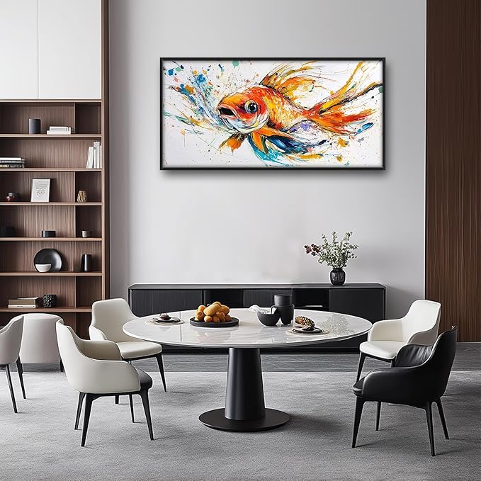 Framed Large Fish Wall Art for Living Room, Oversized Graffiti Goldfish Wall Decor Watercolor Fishing Canvas Painting Modern Artwork Home Decoration for Living Room Bedroom Office 60"x30"-PurrikoPets
