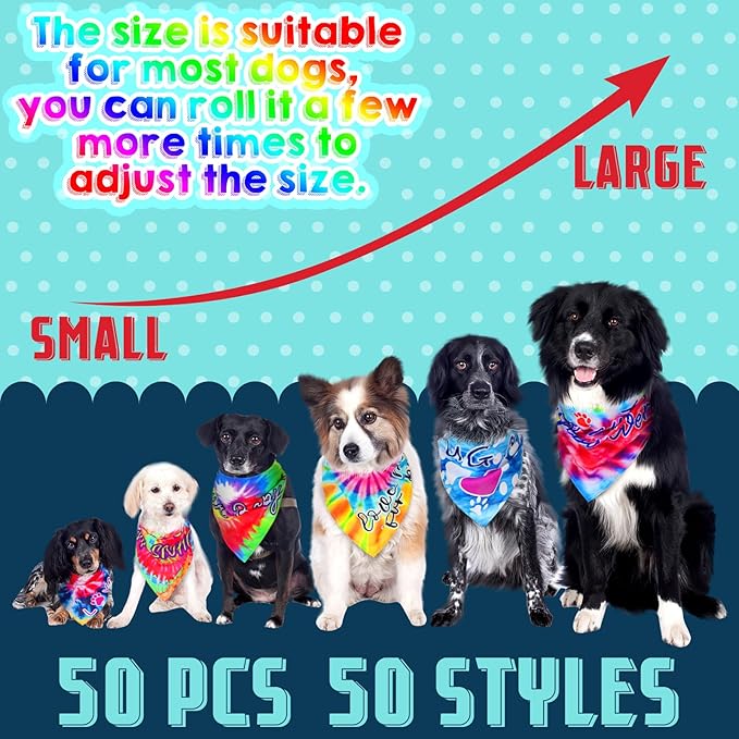 50 Pcs Tie Dye Dog Bandanas Bulk Pet Bibs Colorful Triangle Scarf Tie Dye with Sayings Pet Bandanas for Medium Large Dogs Spring Summer Birthday Costume Decor-PurrikoPets