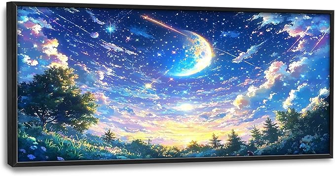 Framed Large Anime Sky Wall Art for Living Room, Oversized Fantasy Night Sky Forest Wall Decor Nature Canvas Painting Modern Artwork Home Decoration for Living Room Bedroom Office 60"x30"-PurrikoPets
