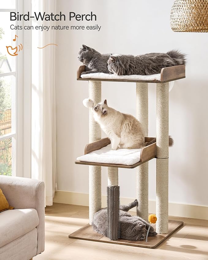 FourFurPets 43.7" Cat Tree, Modern Cat Tree Tower, Cat Tower for Indoor Cats Large Adult, Cat Condo with Scratching Post, Large Perch and Removable Pads, Greige-PurrikoPets