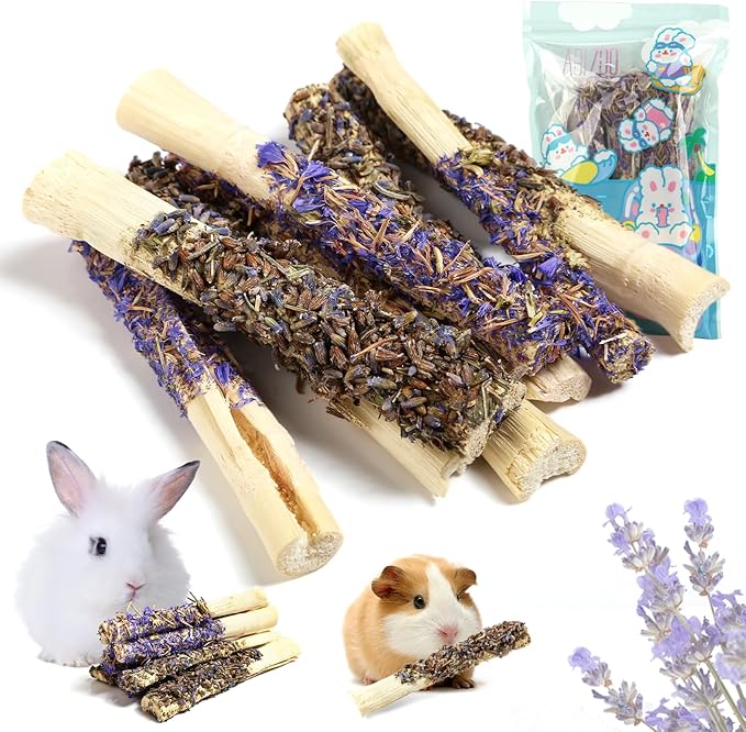 Abizoo Sweet Bamboo Rabbit Chew Sticks Treats and Toys 8Pcs Natural Hay with Forget-Me-Not Lavender for Bunny Guinea Pig Chinchilla Dental Care-PurrikoPets