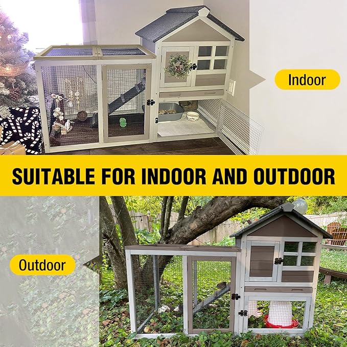 Aivituvin Large Rabbit Hutch Indoor Bunny Cage Outdoor with Run Chicken Coop Guinea Pig House with Waterproof Asphalt Roof,No Leakage Pull Out Tray (103.2" L x 25.2" W x 36.2" H,Brown-2 Sets)-PurrikoPets