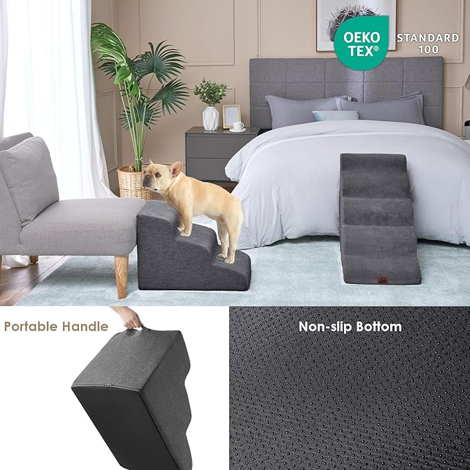 EHEYCIGA Curved Dog Stairs Ramp for High Beds 22.6" H, 5-Step Dog Steps for Small Dogs and Cats, Pet Stairs for High Bed Climbing, Non-Slip Balanced Pet Step Indoor, Grey-PurrikoPets