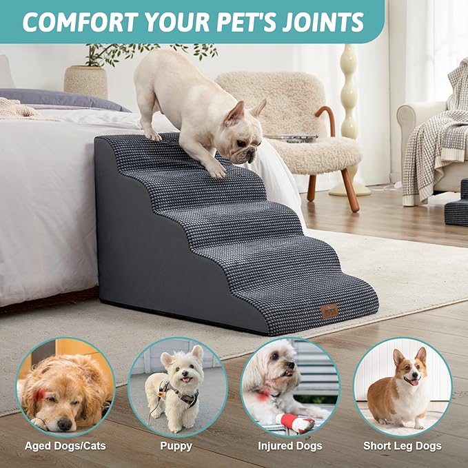 Extra Wide Dog Stairs 19.7" Width, Large Pet Step for Small Medium Dog, Puppy or Cat, Ramp for High Bed or Car, High Density Foam Ladder, Stable, 5 Step, 19.7x33x22.4 in, Dark Grey-PurrikoPets